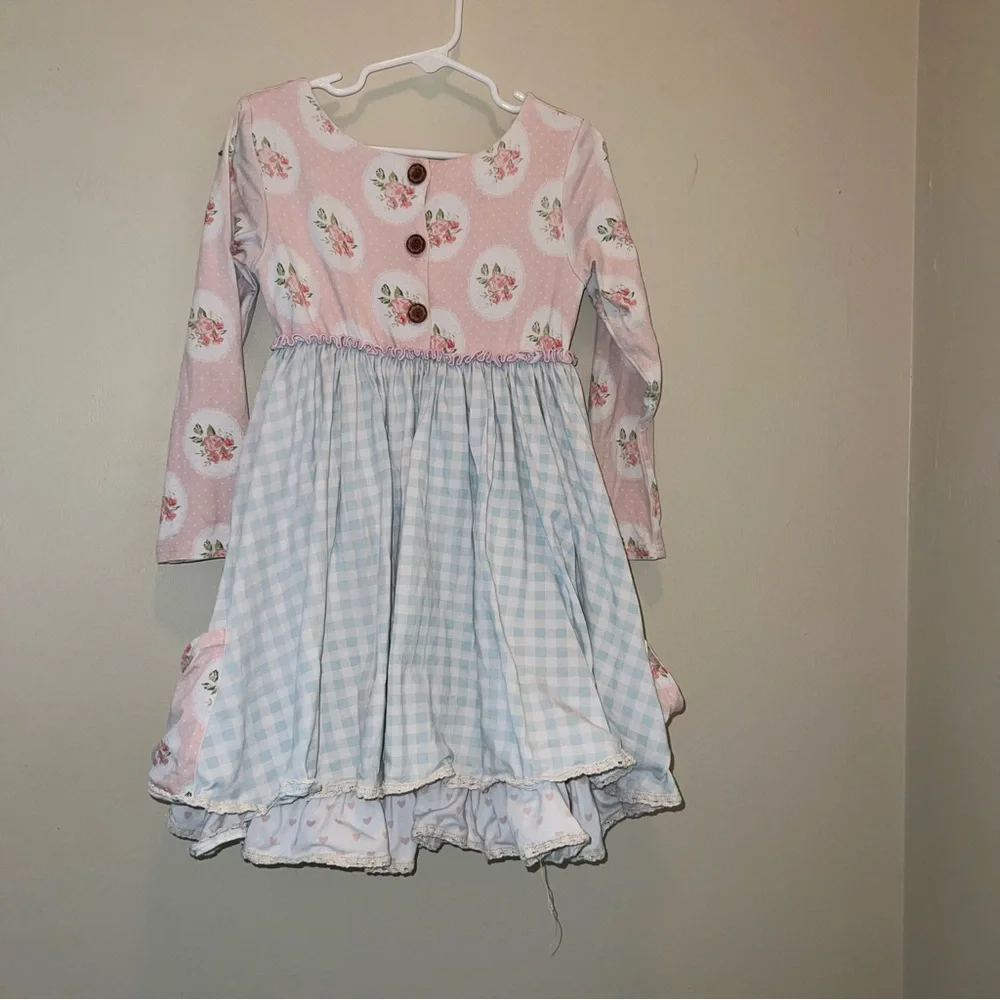 Sweethoney Play Condition Pink Floral & Blue Gingham Long-Sleeve Girls Dress